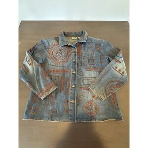 Chicos Design Vintage Denim Jean Jacket Embroidered Art Size 3 Small